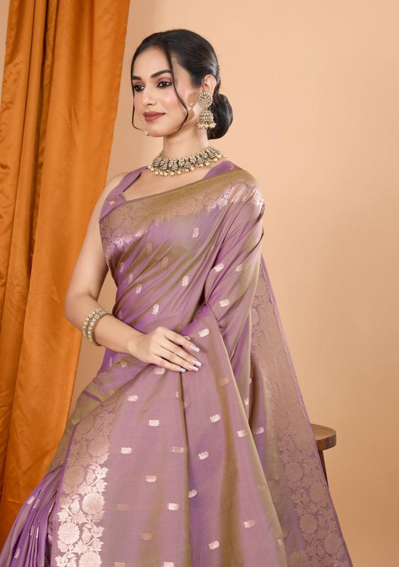 Pink Zari Woven Silk Blend Saree Set