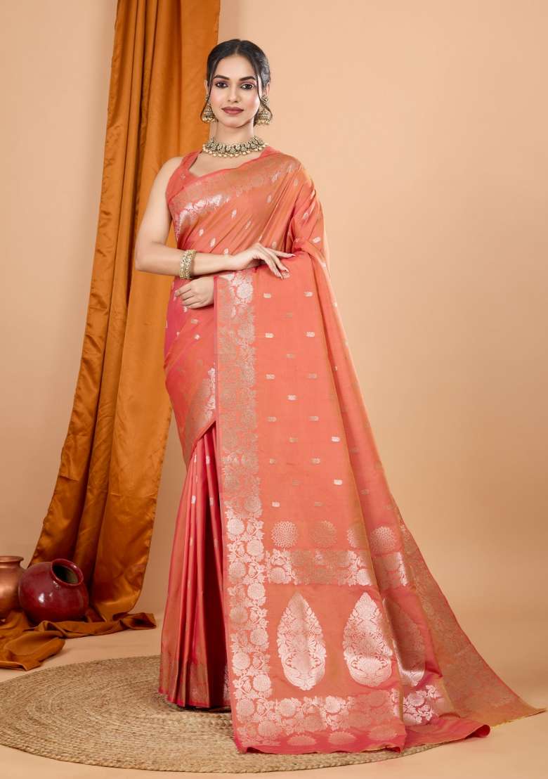 Orange Zari Woven Silk Blend Saree Set - Indya