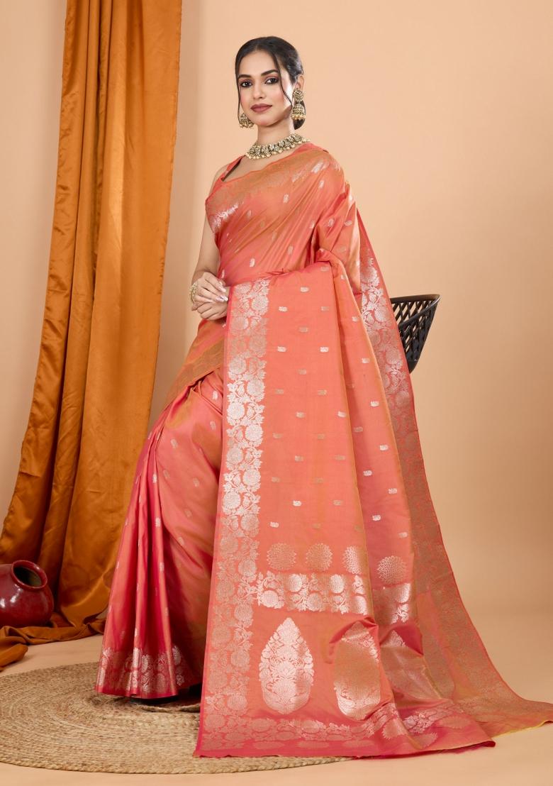 Orange Zari Woven Silk Blend Saree Set