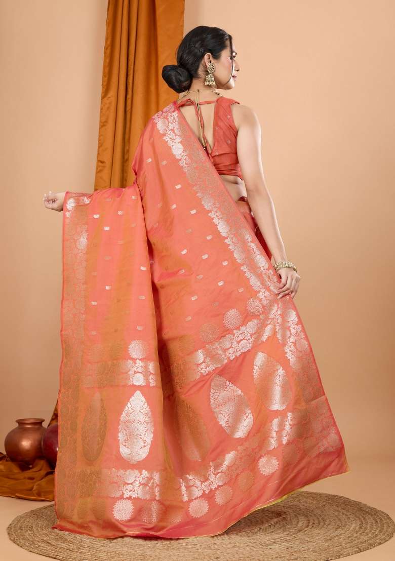 Orange Zari Woven Silk Blend Saree Set - Indya