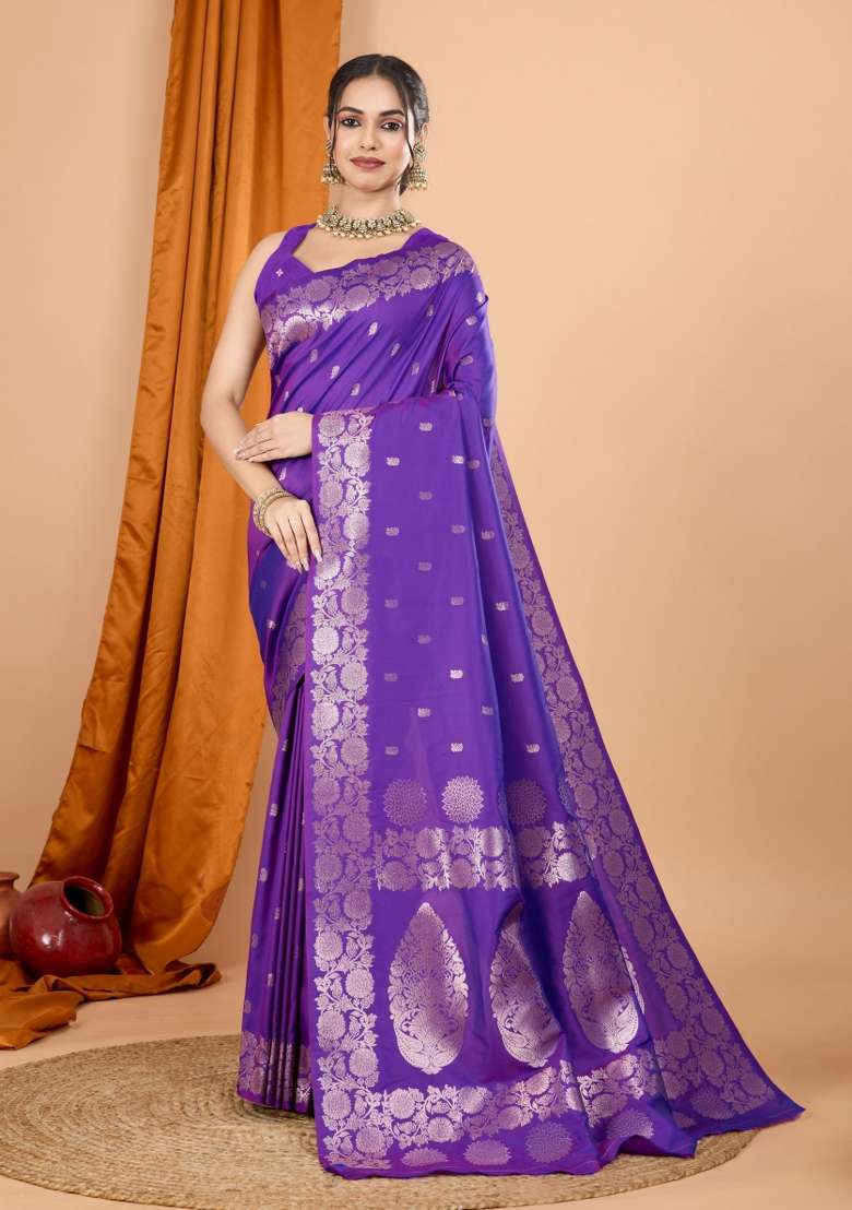 Lavender Zari Woven Silk Blend Saree Set for Diwali and Festive Wear - Indya