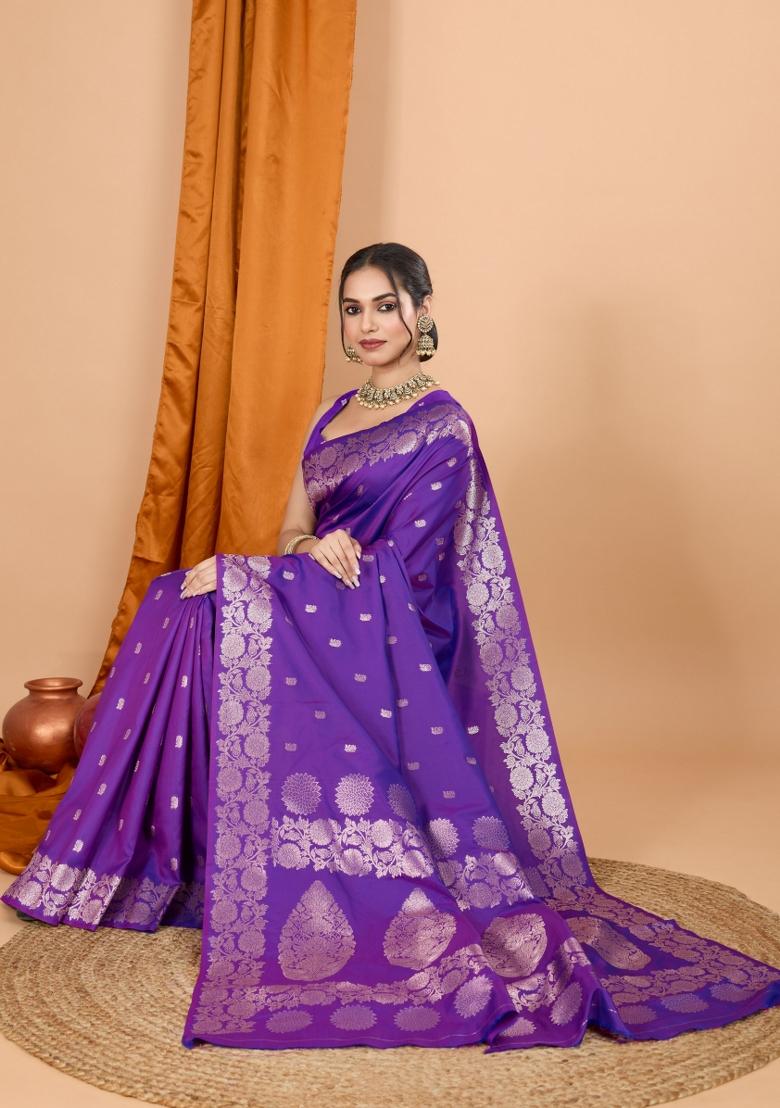 Lavender Zari Woven Silk Blend Saree Set