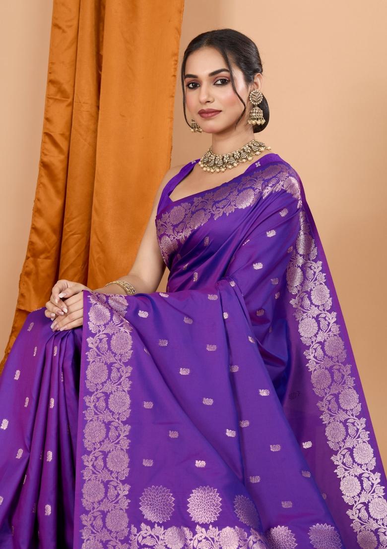 Lavender Zari Woven Silk Blend Saree Set