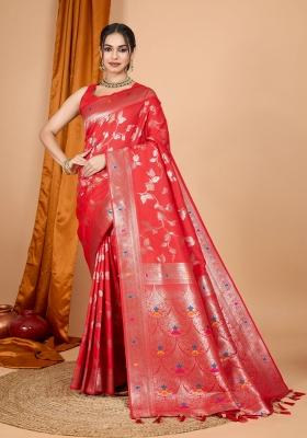 Red Zari Woven Silk Blend Saree Set