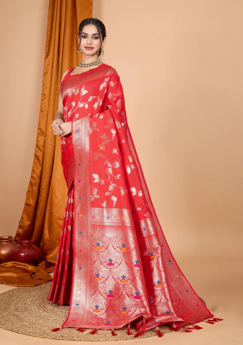 Red Zari Woven Silk Blend Saree Set