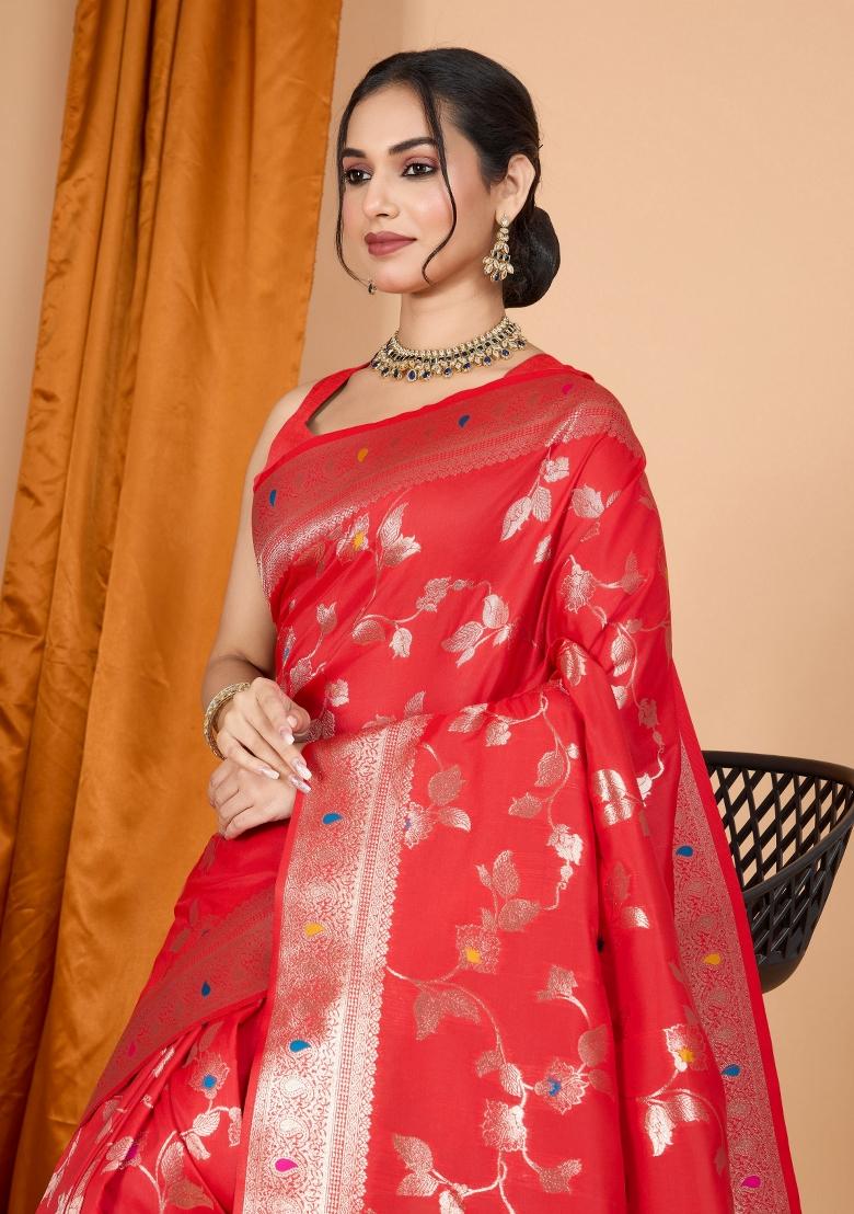 Red Zari Woven Silk Blend Saree Set