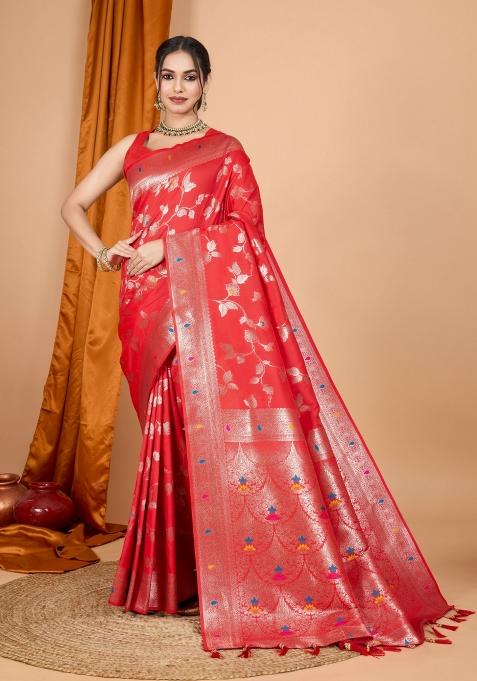Red Zari Woven Silk Blend Saree Set