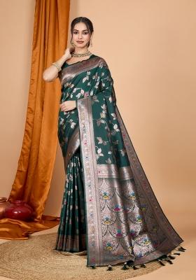 Dark Green Zari Woven Silk Blend Saree Set