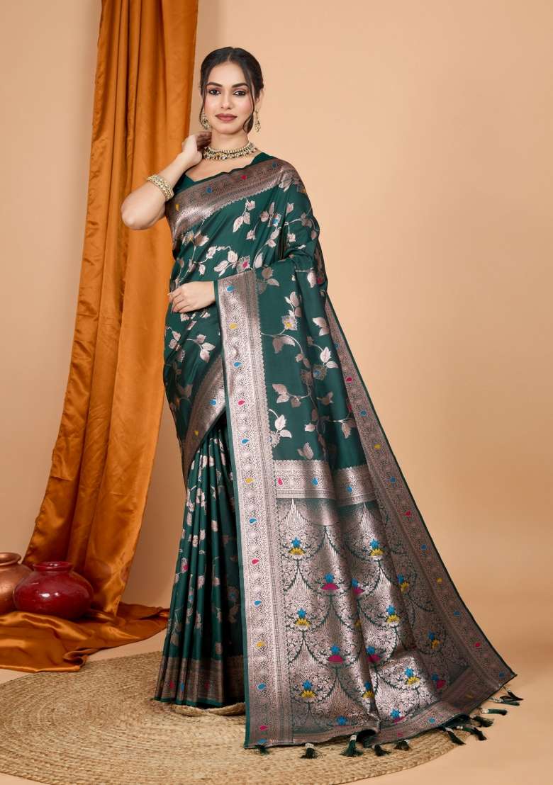 Dark Green Zari Woven Silk Blend Saree Set for Diwali and Festive Wear - Indya
