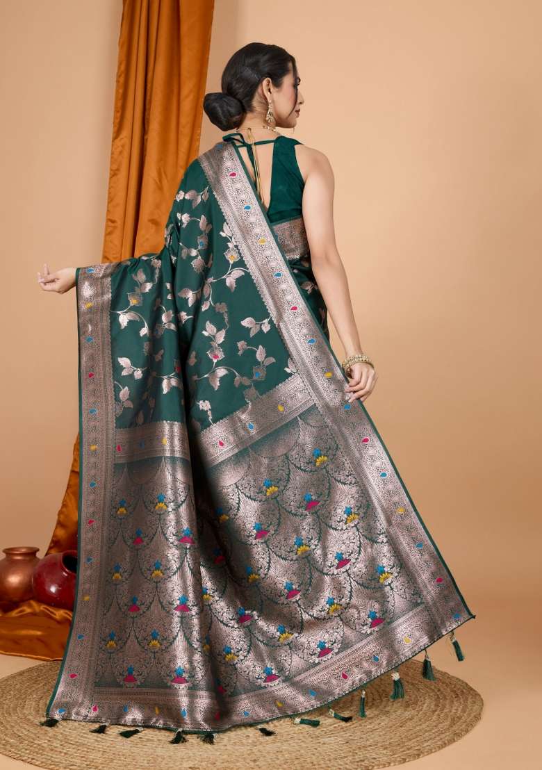 Dark Green Zari Woven Silk Blend Saree Set for Diwali and Festive Wear - Indya