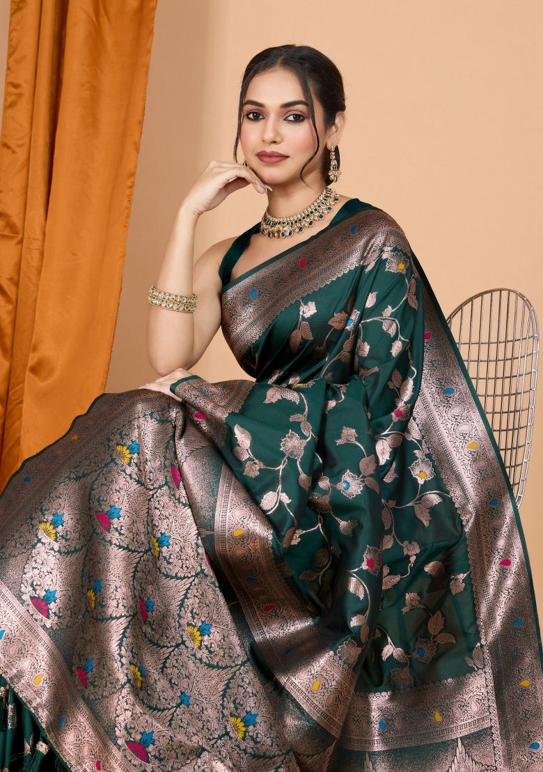 Dark Green Zari Woven Silk Blend Saree Set