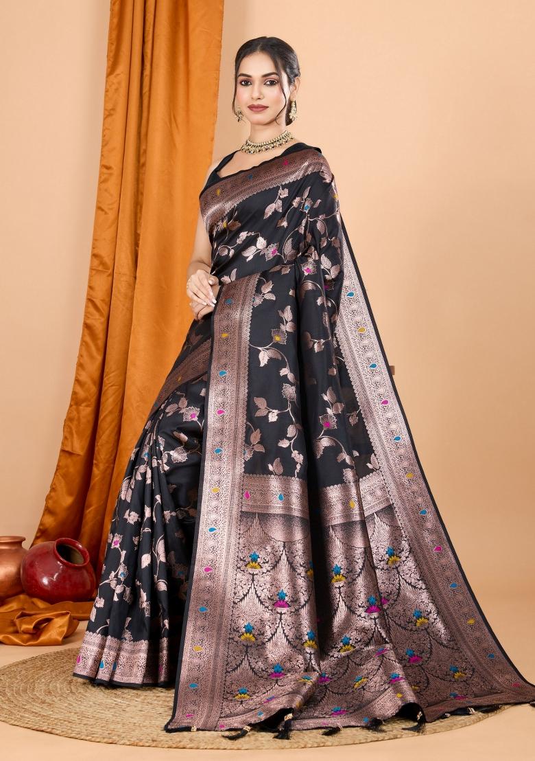 Black Zari Woven Silk Blend Saree Set