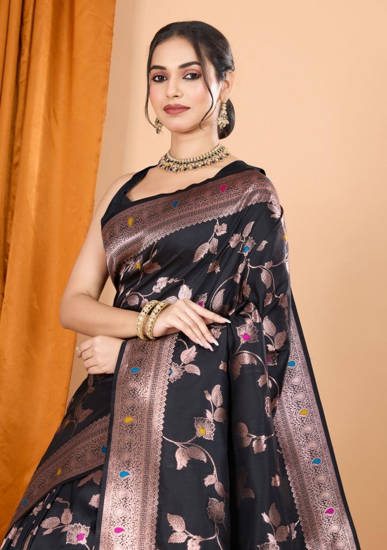 Black Zari Woven Silk Blend Saree Set