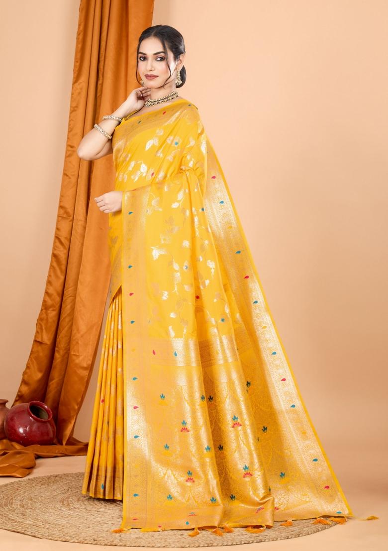 Yellow Zari Woven Silk Blend Saree Set