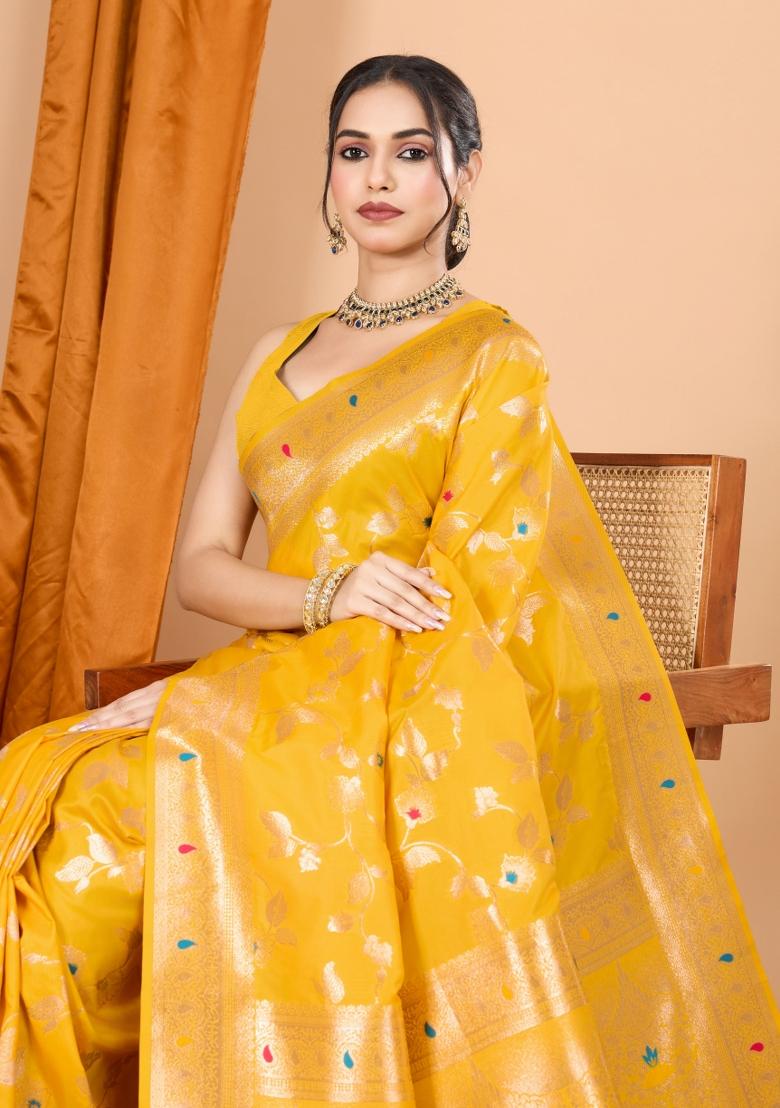 Yellow Zari Woven Silk Blend Saree Set