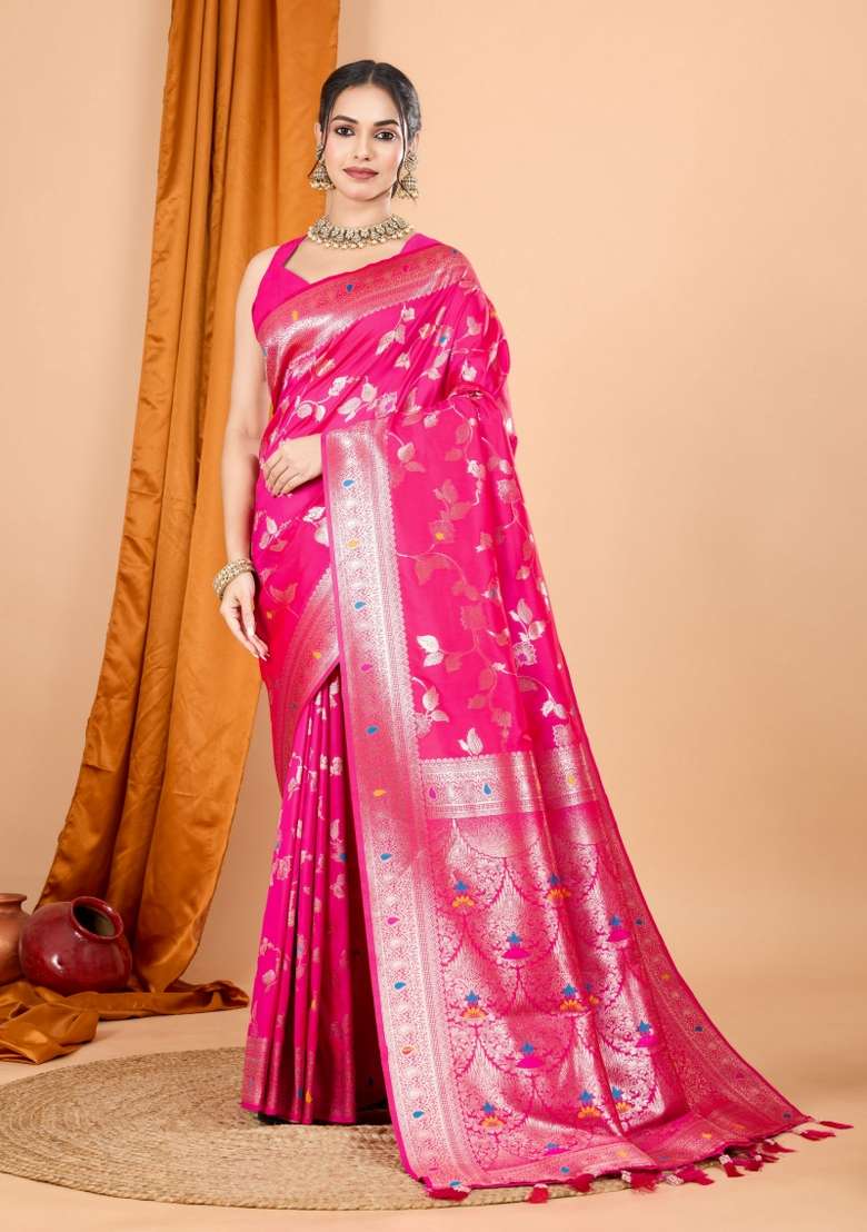 Pink Zari Woven Silk Blend Saree Set for Diwali | Wedding & Festive Wear - Indya