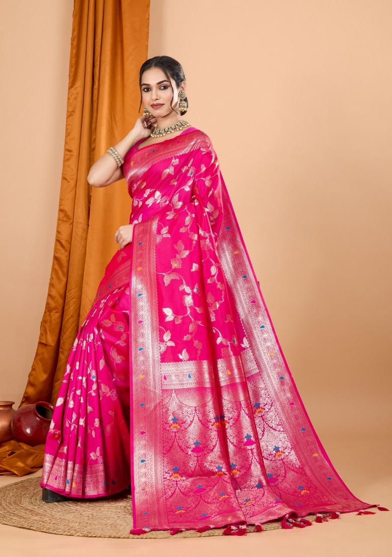Pink Zari Woven Silk Blend Saree Set