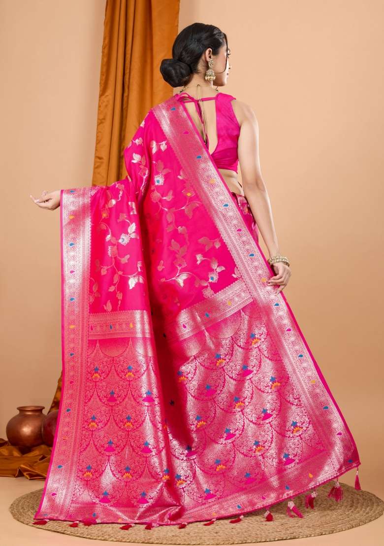Pink Zari Woven Silk Blend Saree Set for Diwali | Wedding & Festive Wear - Indya