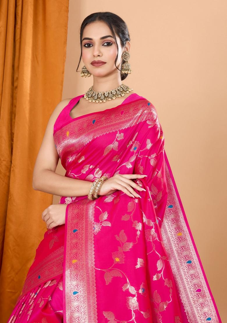 Pink Zari Woven Silk Blend Saree Set
