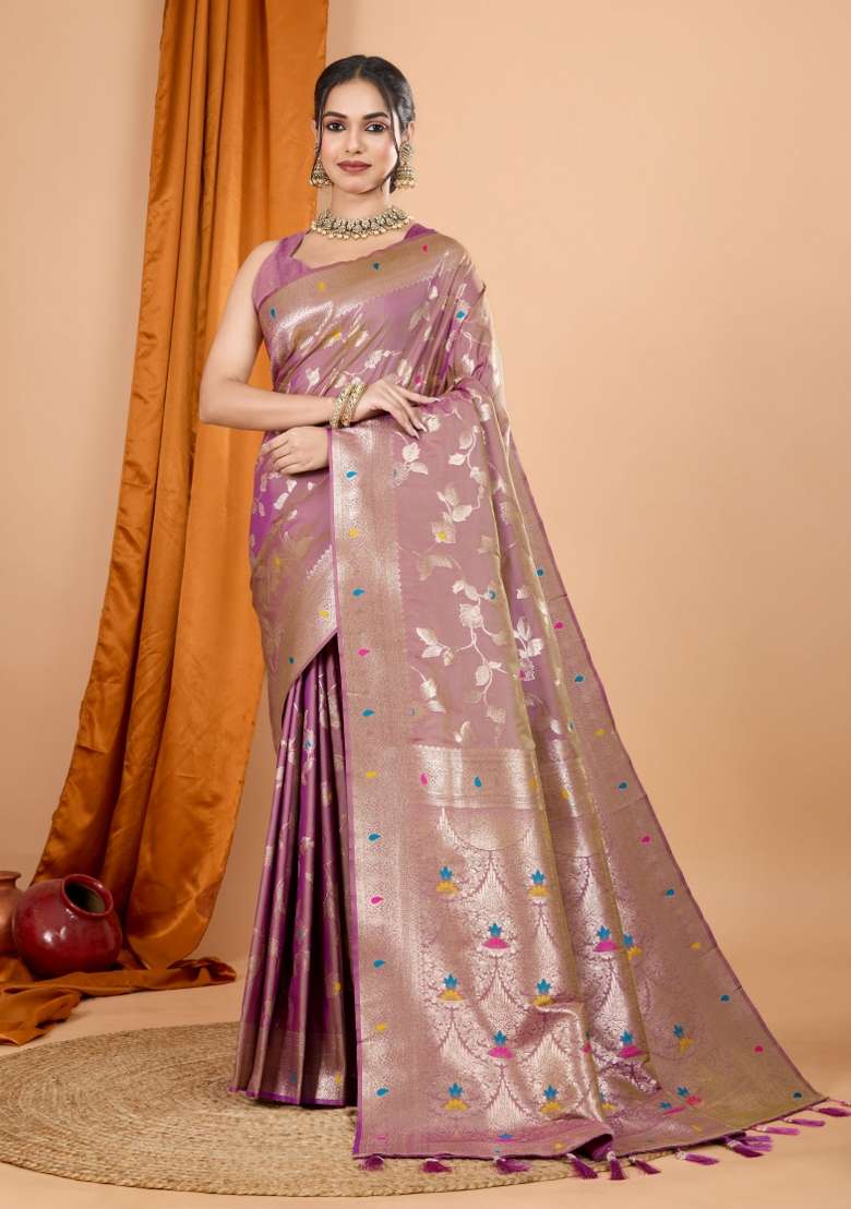 Light Pink Zari Woven Silk Blend Saree Set - Indya