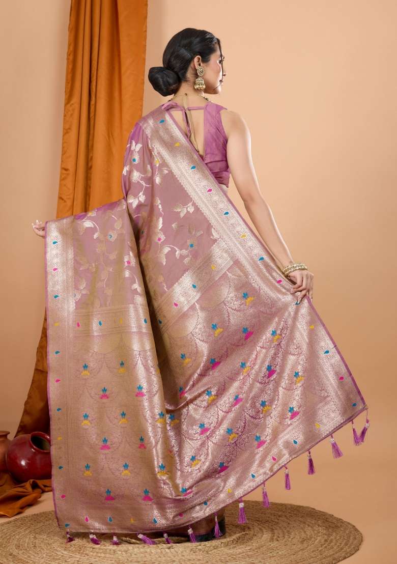 Light Pink Zari Woven Silk Blend Saree Set - Indya