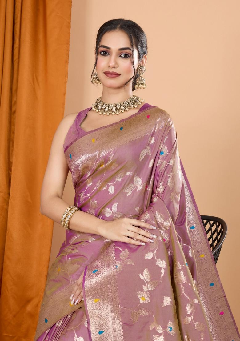 Light Pink Zari Woven Silk Blend Saree Set
