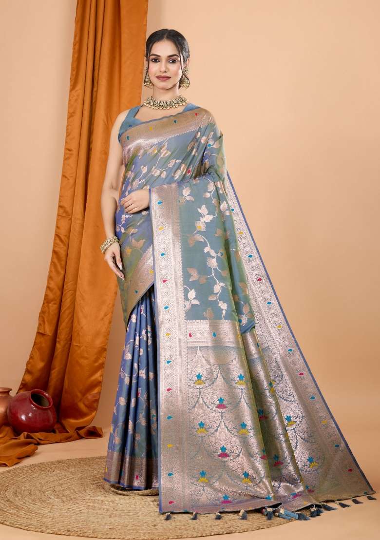 Grey Zari Woven Silk Blend Saree Set - Indya