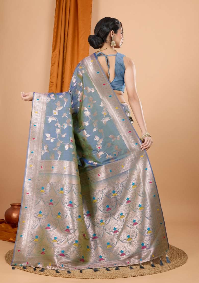 Grey Zari Woven Silk Blend Saree Set - Indya