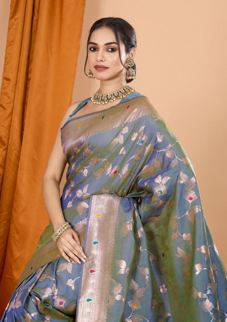 Grey Zari Woven Silk Blend Saree Set