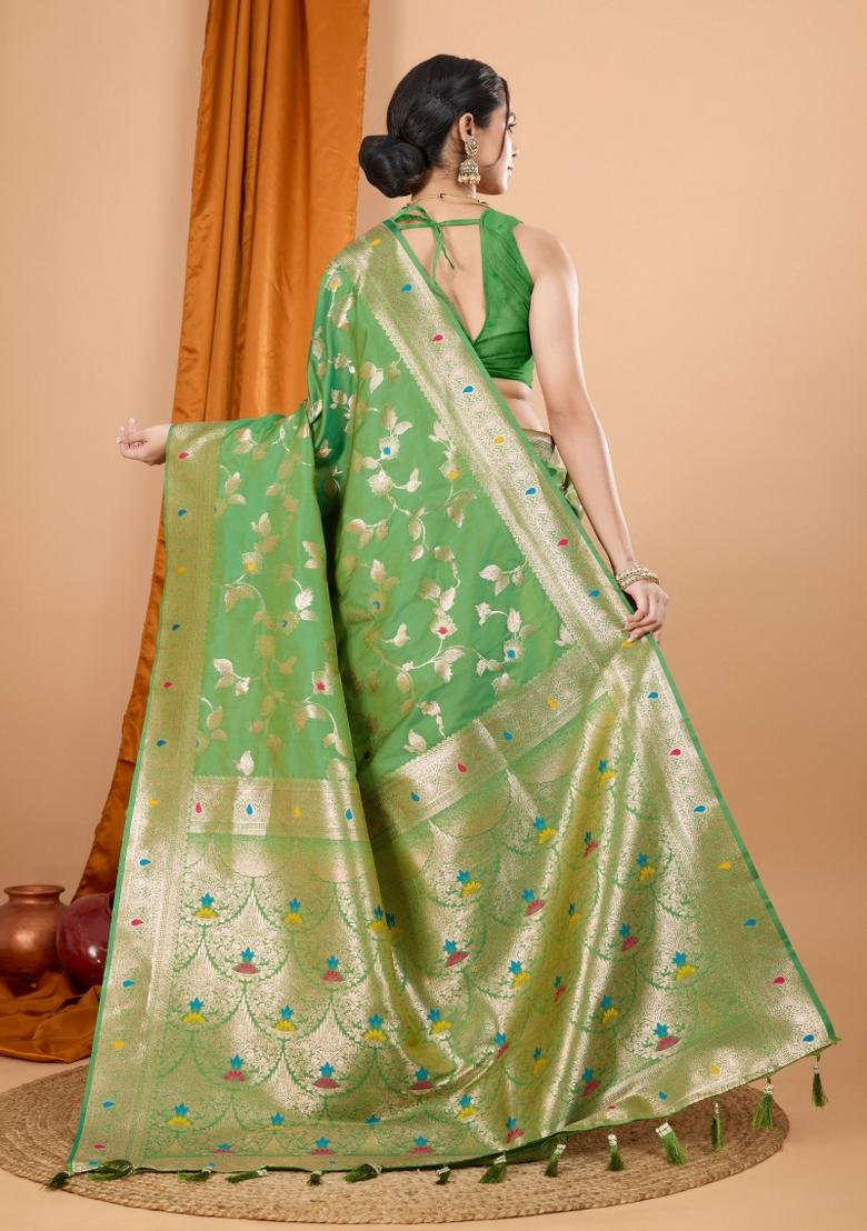 Green Zari Woven Silk Blend Saree Set