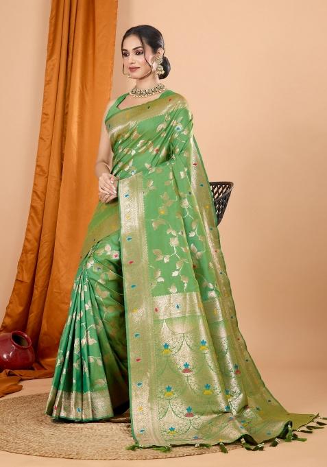 Green Zari Woven Silk Blend Saree Set