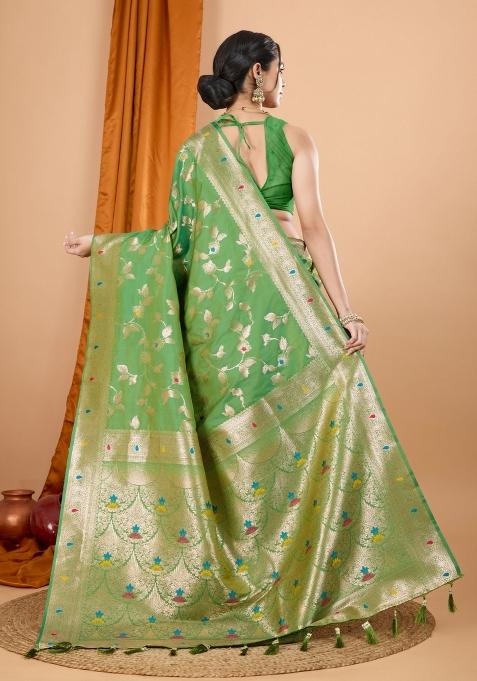 Green Zari Woven Silk Blend Saree Set