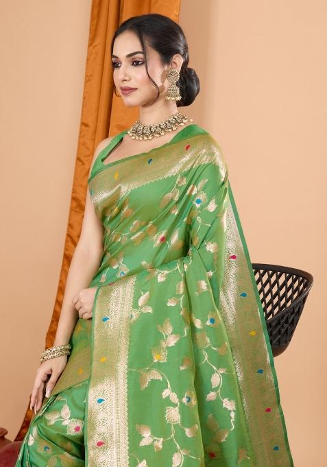 Green Zari Woven Silk Blend Saree Set