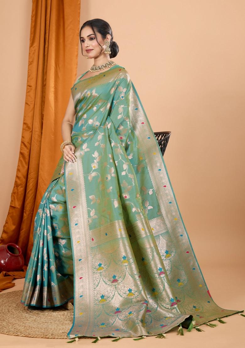 Green Zari Woven Silk Blend Saree Set