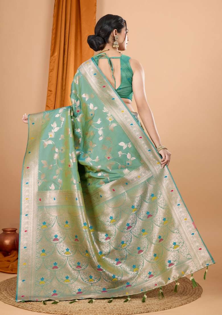 Green Zari Woven Silk Blend Saree Set - Indya