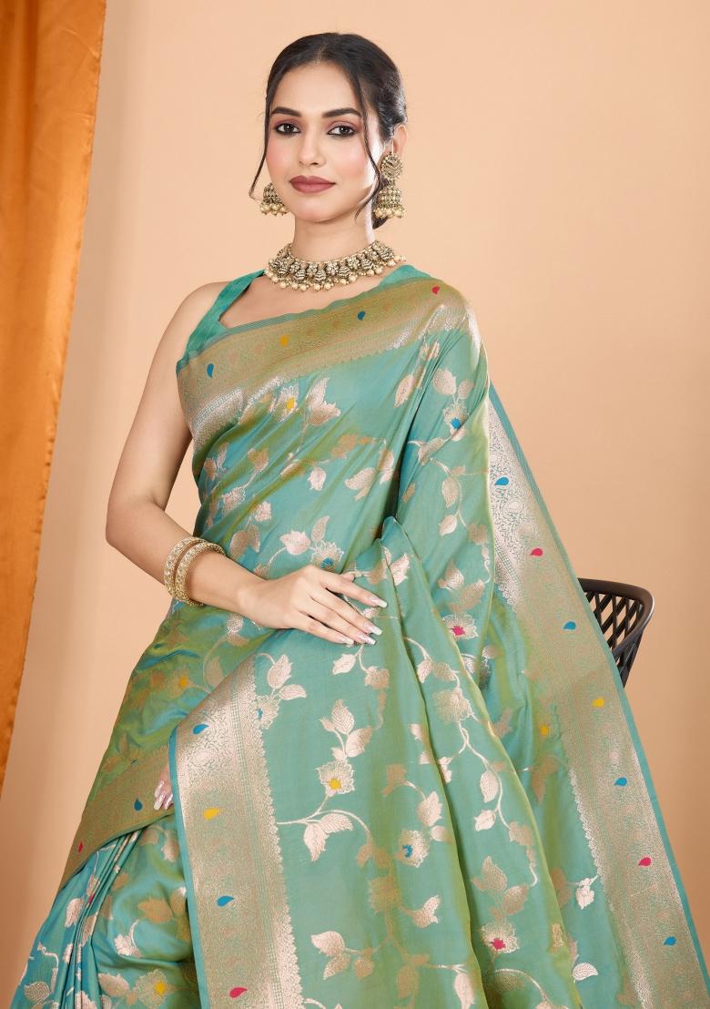 Green Zari Woven Silk Blend Saree Set