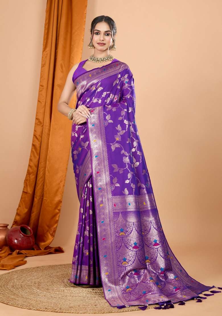 Purple Zari Woven Silk Blend Saree Set for Diwali and Festive Wear - Indya