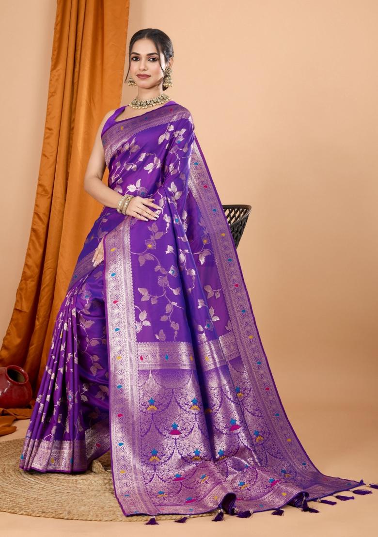 Purple Zari Woven Silk Blend Saree Set