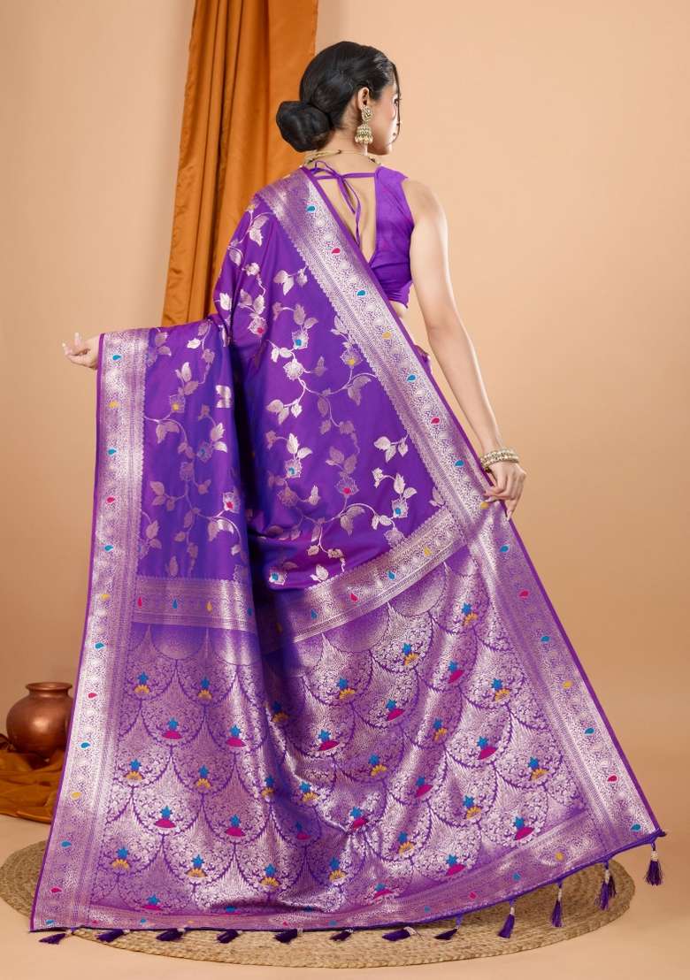 Purple Zari Woven Silk Blend Saree Set for Diwali and Festive Wear - Indya