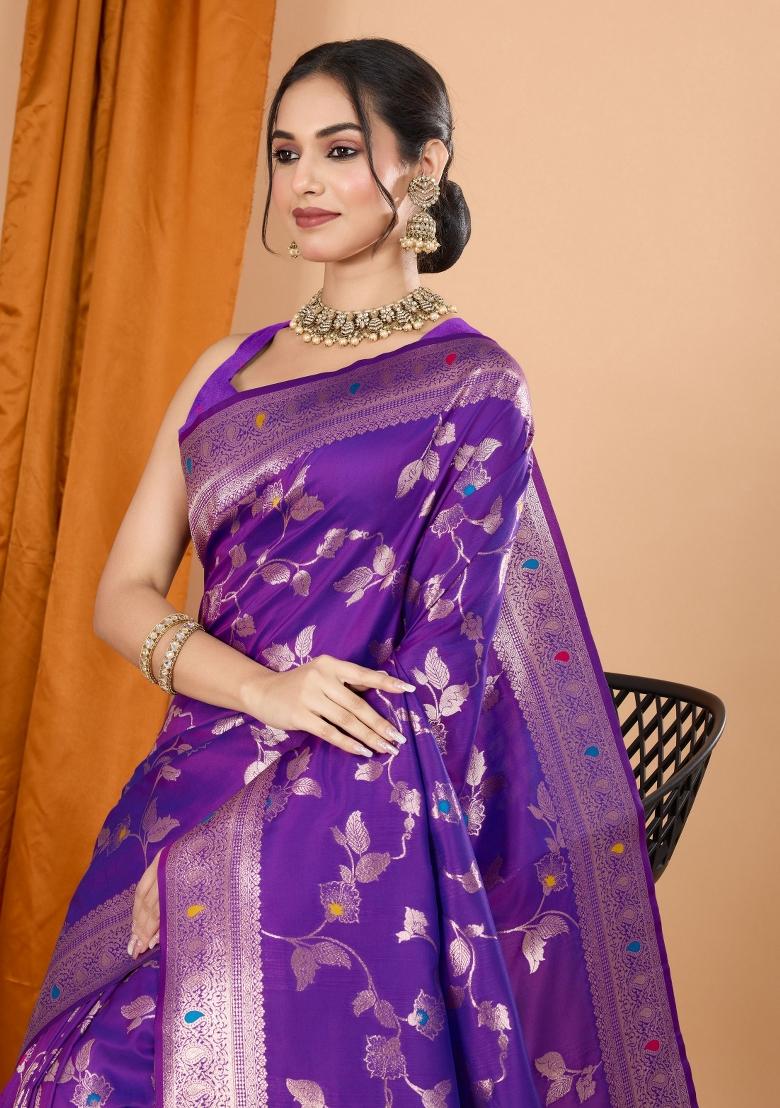 Purple Zari Woven Silk Blend Saree Set