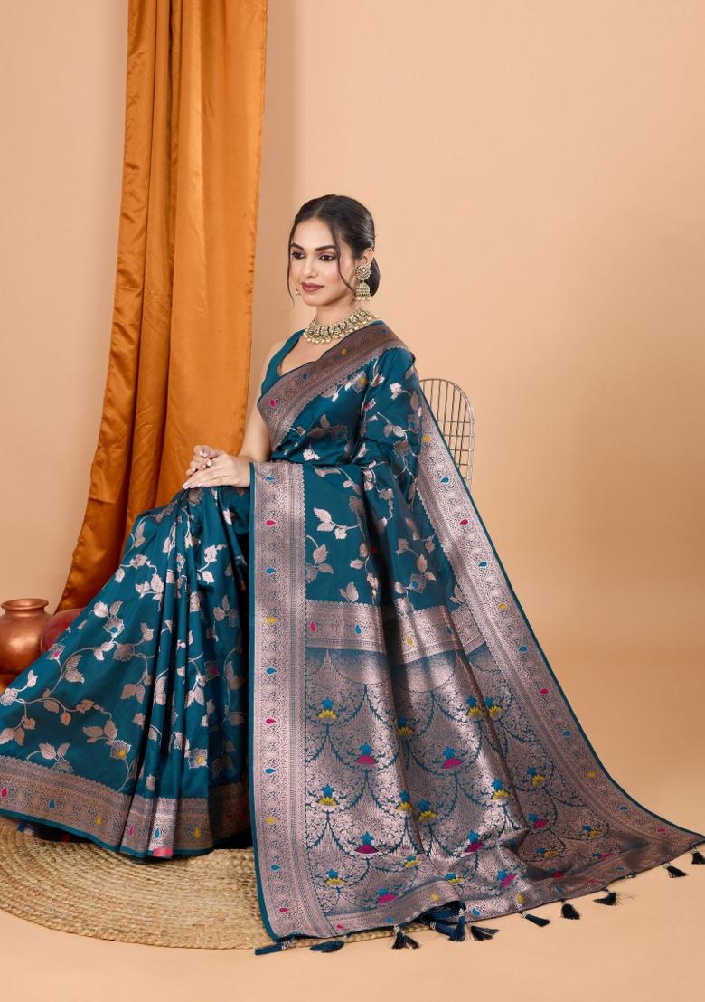Teal Blue Zari Woven Silk Blend Saree Set