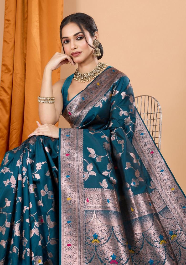 Teal Blue Zari Woven Silk Blend Saree Set
