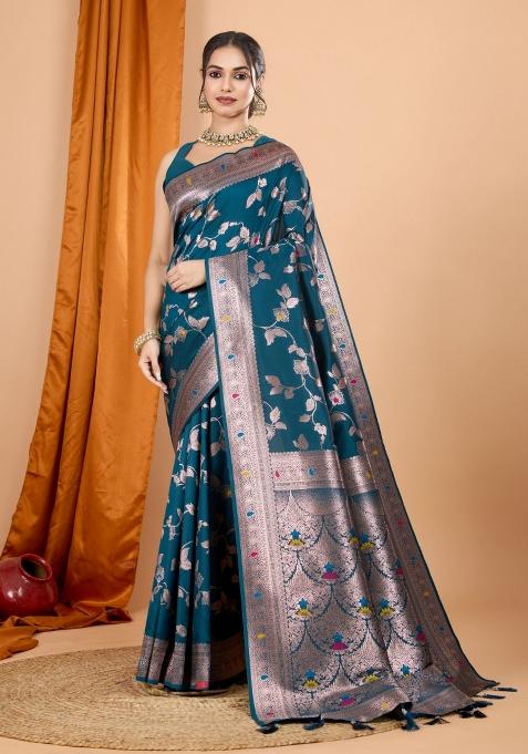 Teal Blue Zari Woven Silk Blend Saree Set