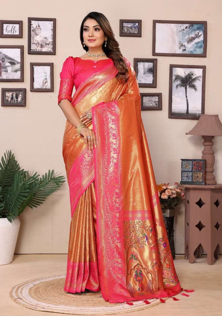 Red Zari Woven Silk Blend Saree Set for Diwali | Wedding & Festive Wear - Indya