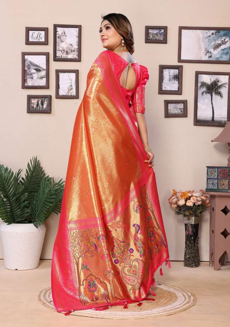 Red Zari Woven Silk Blend Saree Set for Diwali | Wedding & Festive Wear - Indya
