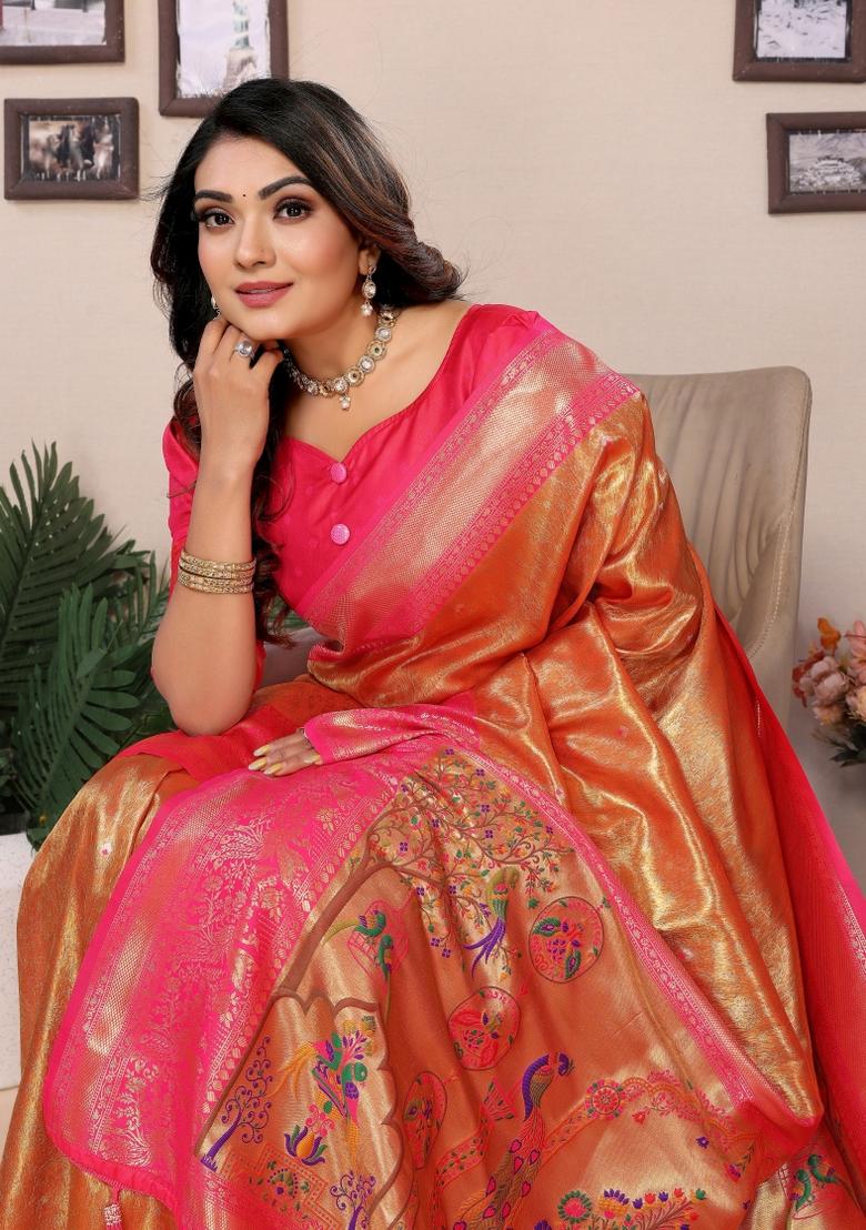 Red Zari Woven Silk Blend Saree Set