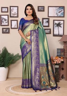 Blue Zari Woven Silk Blend Saree Set