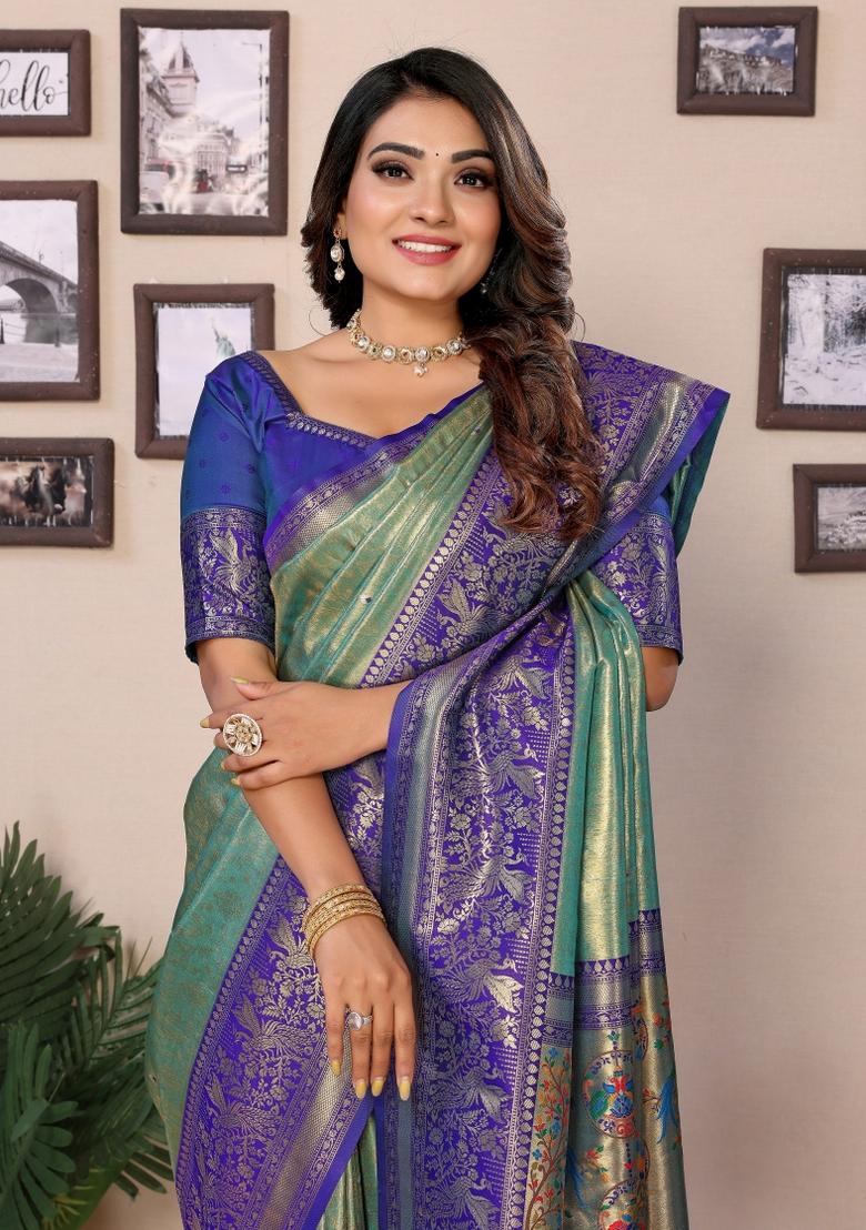 Blue Zari Woven Silk Blend Saree Set