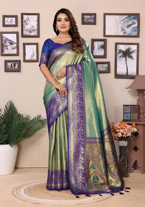 Blue Zari Woven Silk Blend Saree Set