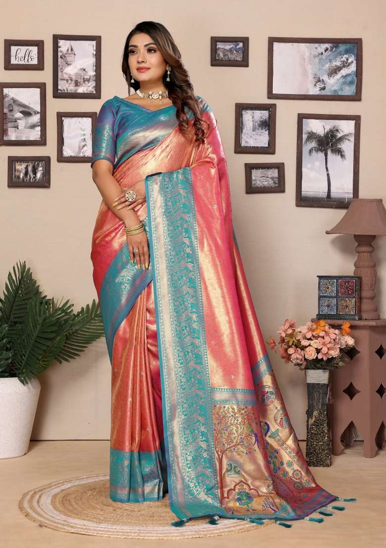 Blue Zari Woven Silk Blend Saree Set for Diwali | Wedding & Festive Wear - Indya